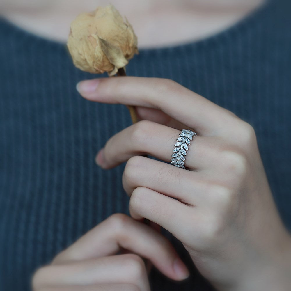 Silver Zircon Marquise Cut Iced Wrapped Wedding Ring