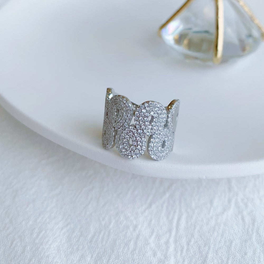 Silver Zircon Round Cut Iced Tube Crossover Ring