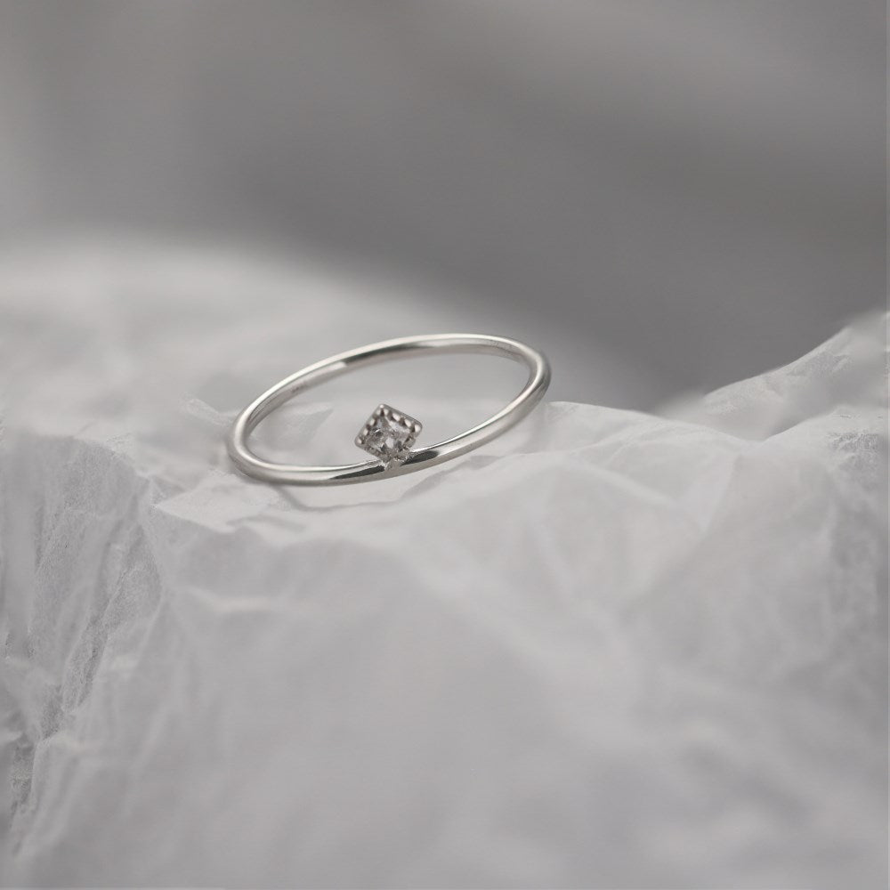 Silver Zircon Cushion Square Cut Thin Dots Dainty Ring
