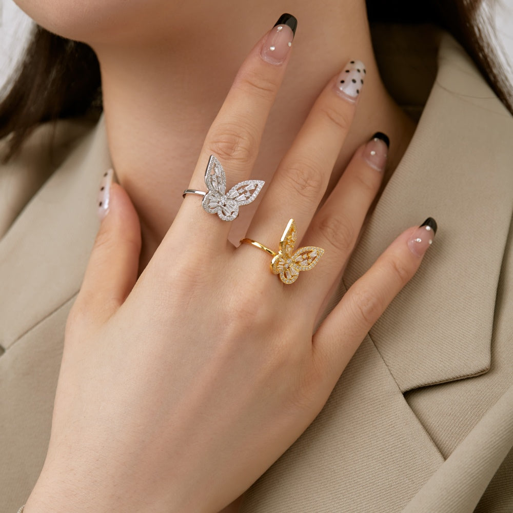 Silver Zircon Baguette Cut Inlaid Butterfly Dainty Ring