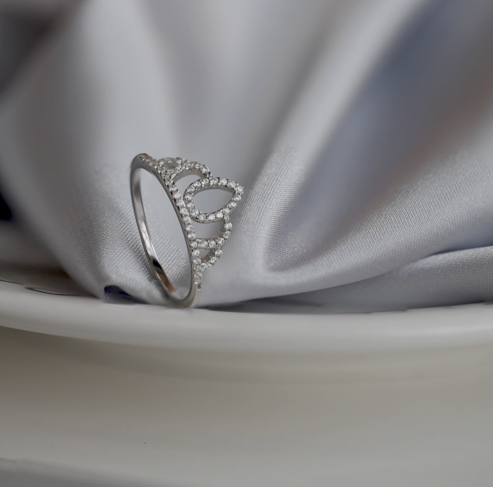 Silver Zircon Round Cut Halo Crown Dainty Ring