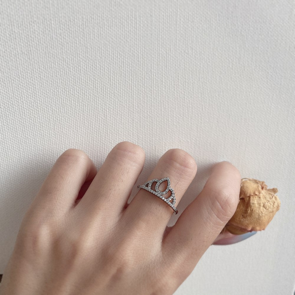 Silver Zircon Round Cut Halo Crown Dainty Ring