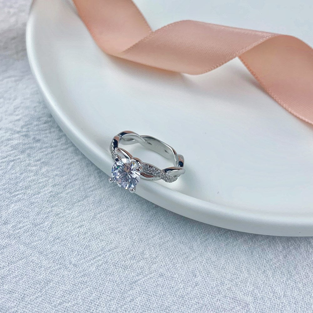Silver Zircon Round Cut Iced Twisted Solitaire Ring