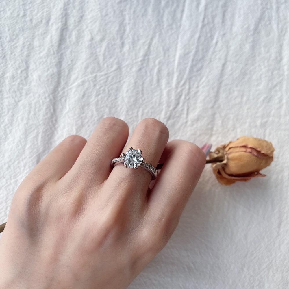 Silver Zircon Round Cut Inlaid Layered Flower Solitaire Ring