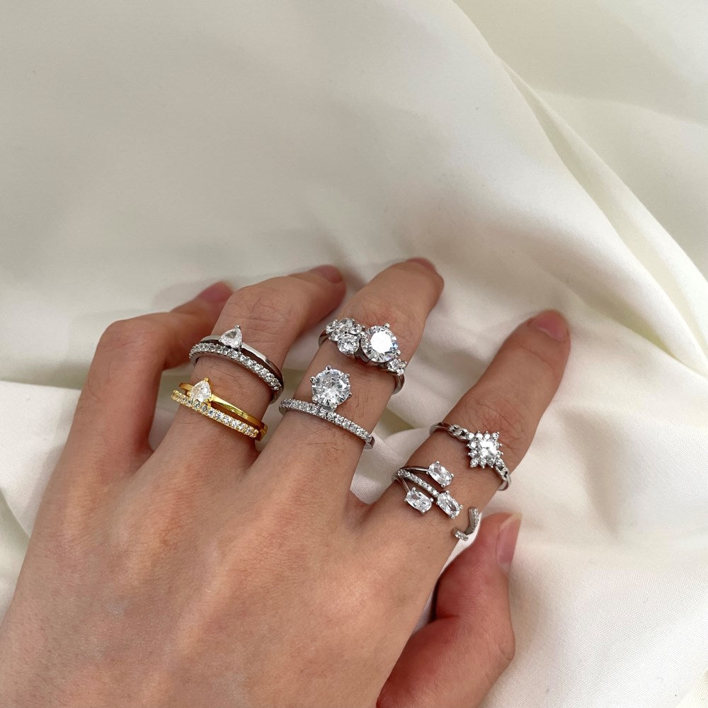 Silver Zircon Round Cut Twisted Multi Shape Dainty Ring