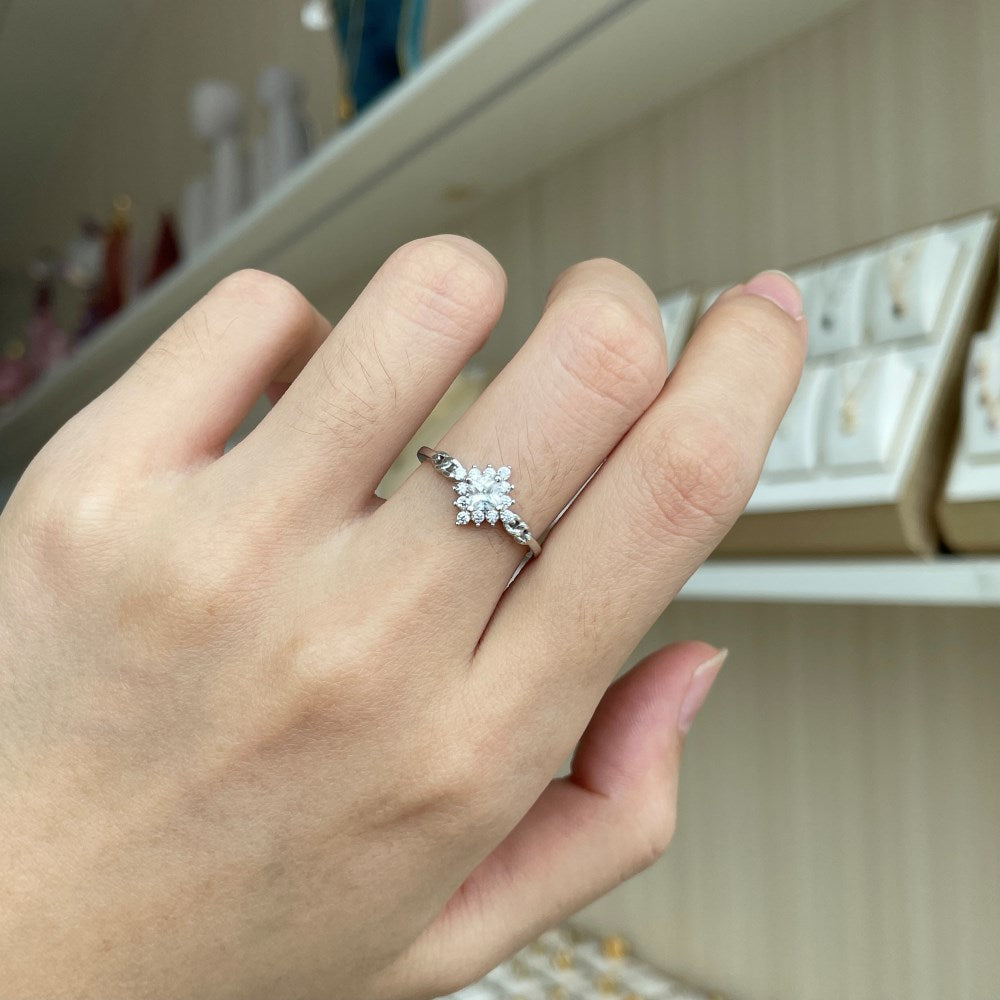 Silver Zircon Princess Cut Iced Flower Halo Ring