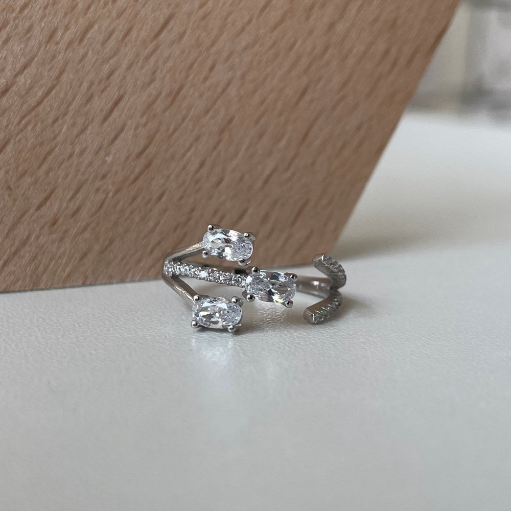 Silver Zircon Oval Cut Inlaid Open Multi Layer Bypass Ring