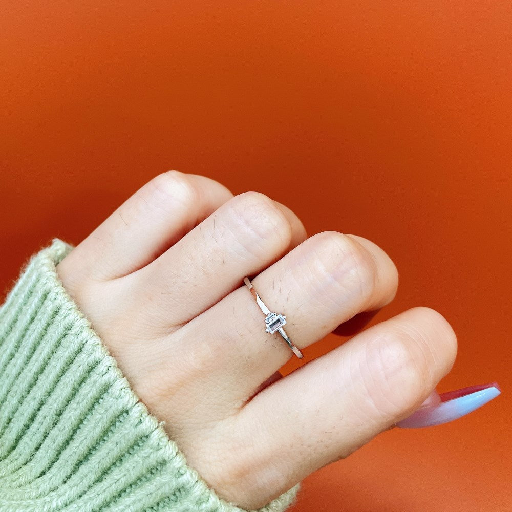 Silver Zircon Baguette Cut Thin Squared Dainty Ring