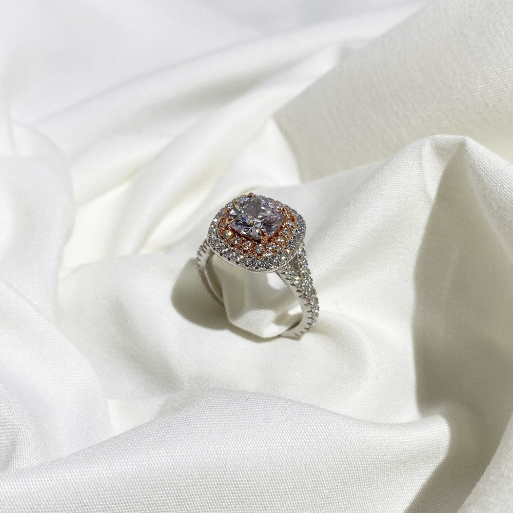 Silver Zircon Cushion Square Cut Twisted Iced Wrapped Halo Ring
