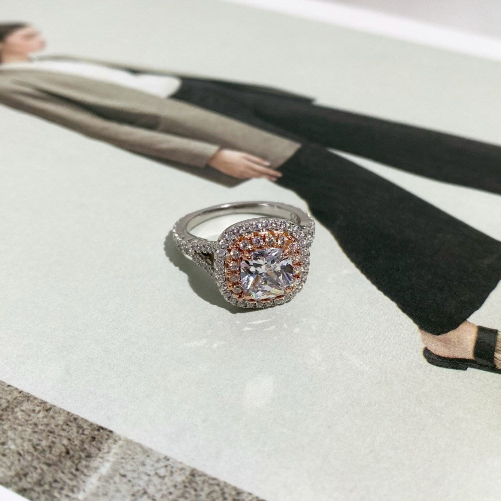 Silver Zircon Cushion Square Cut Twisted Iced Wrapped Halo Ring