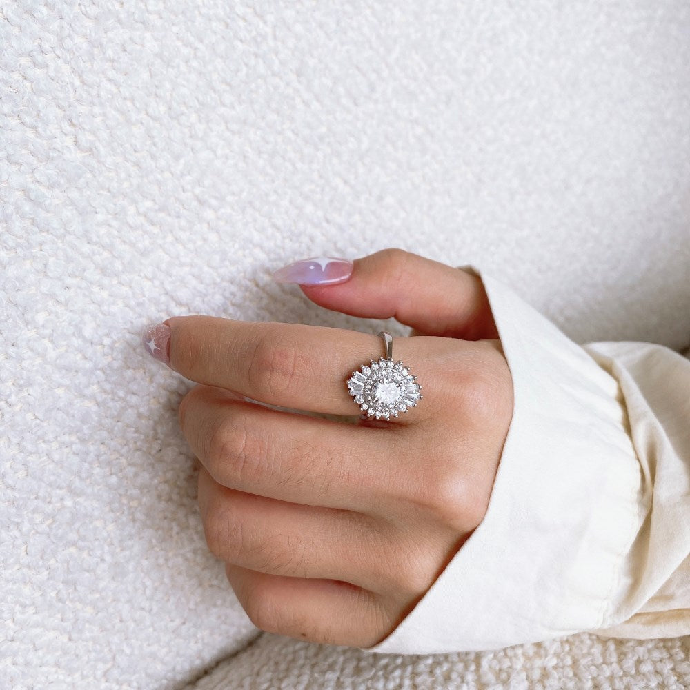 Silver Zircon Round Cut Iced Oval Layered Halo Ring