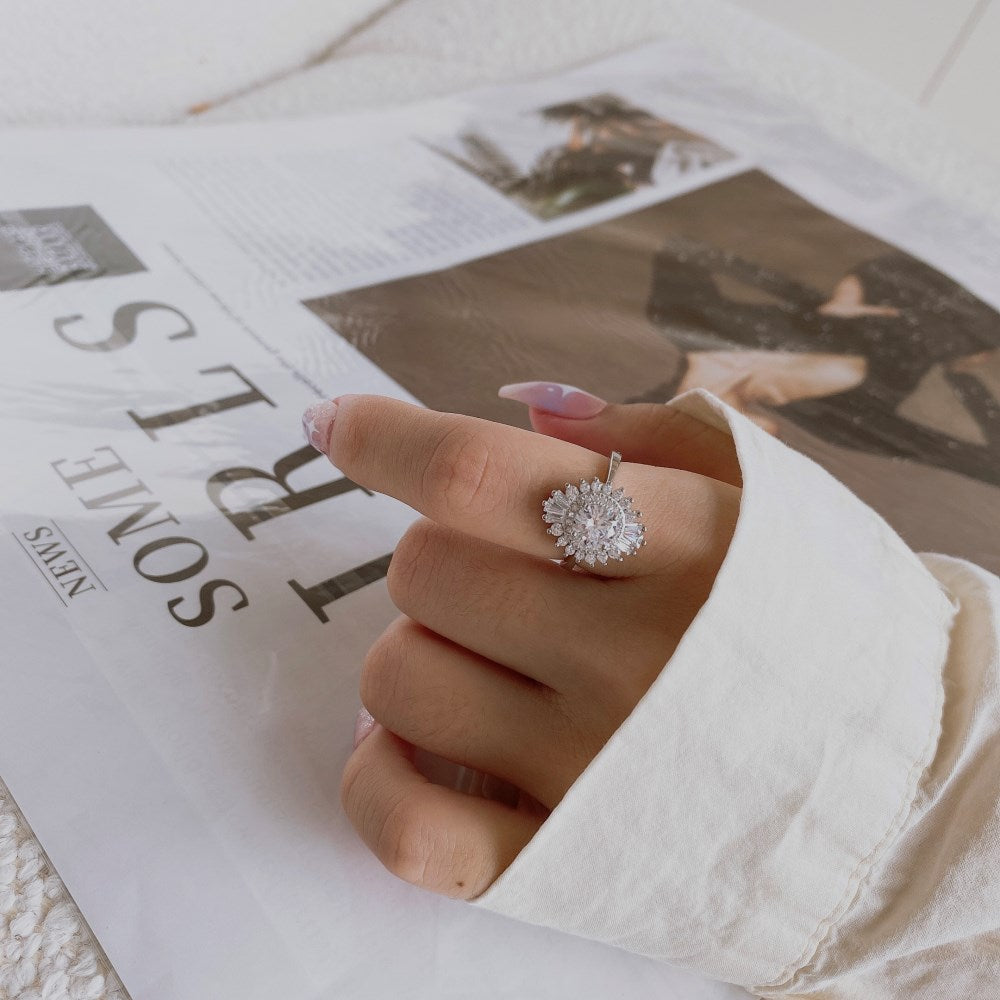 Silver Zircon Round Cut Iced Oval Layered Halo Ring