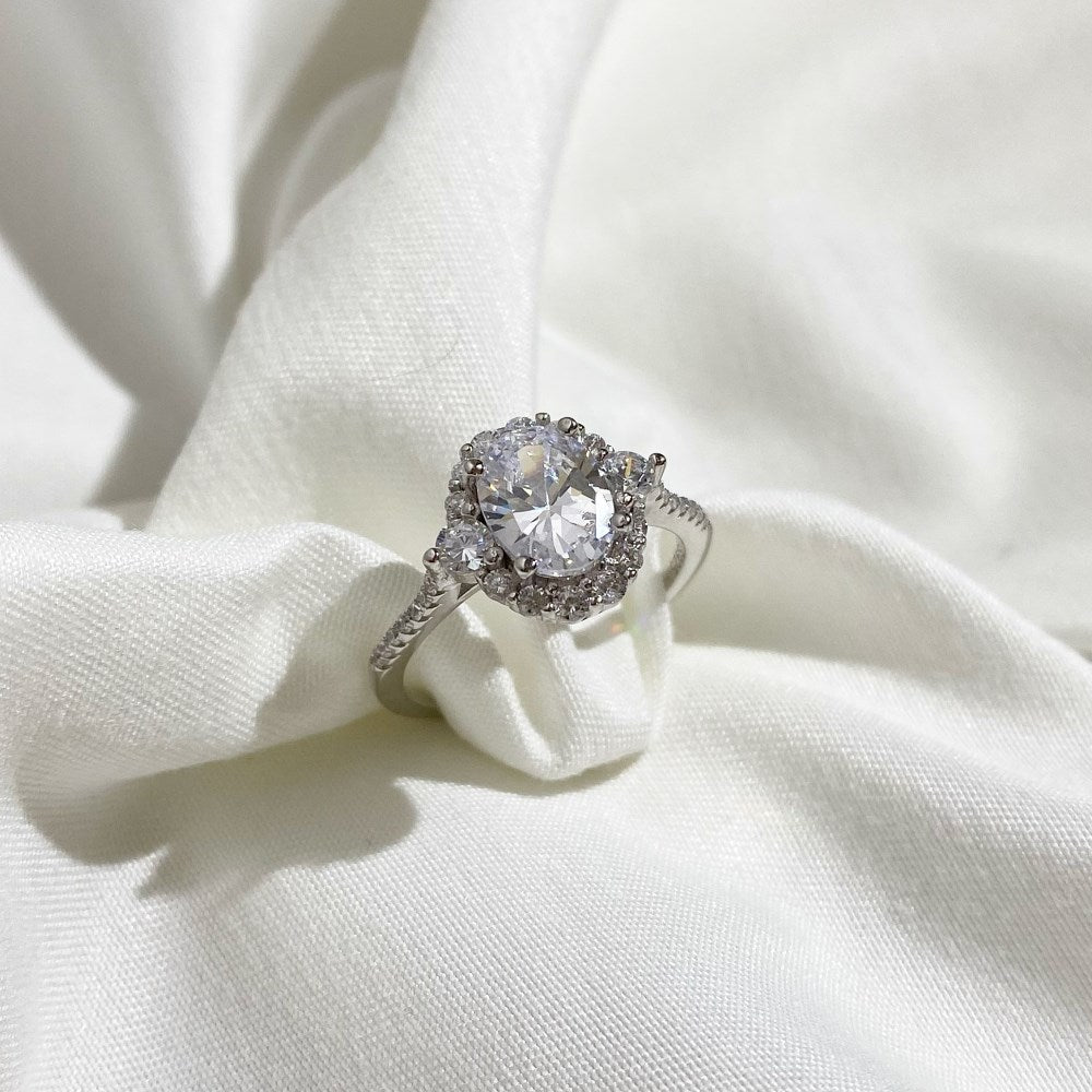 Silver Zircon Oval Cut Crossing Multi Shape Halo Ring
