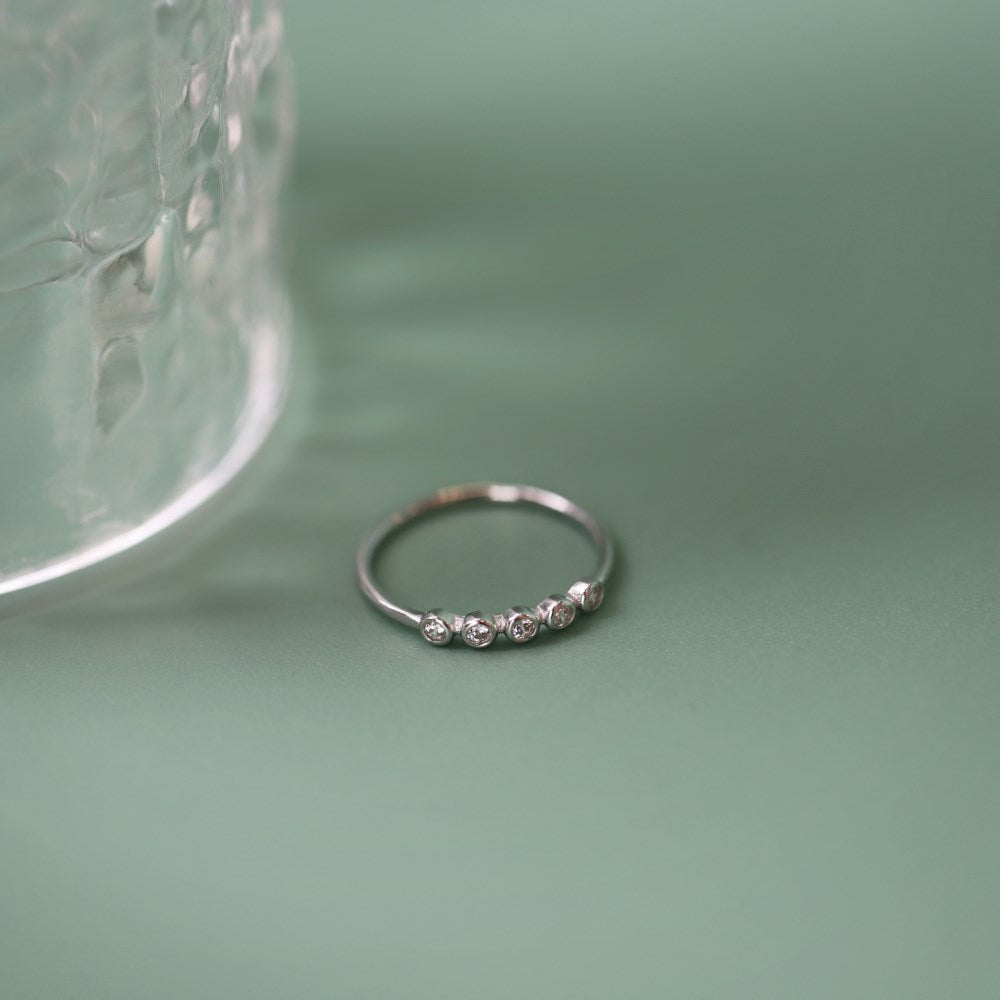 Silver Zircon Round Cut Brushed Inlaid Dots Dainty Ring