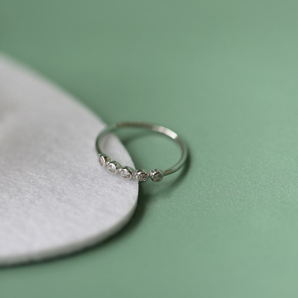 Silver Zircon Round Cut Brushed Inlaid Dots Dainty Ring