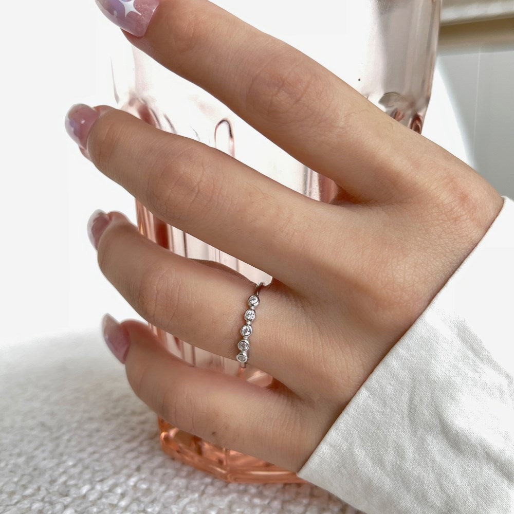 Silver Zircon Round Cut Brushed Inlaid Dots Dainty Ring