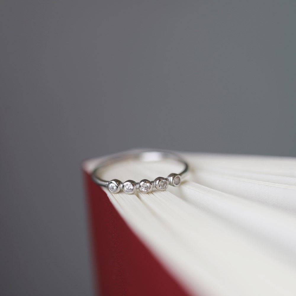 Silver Zircon Round Cut Brushed Inlaid Dots Dainty Ring