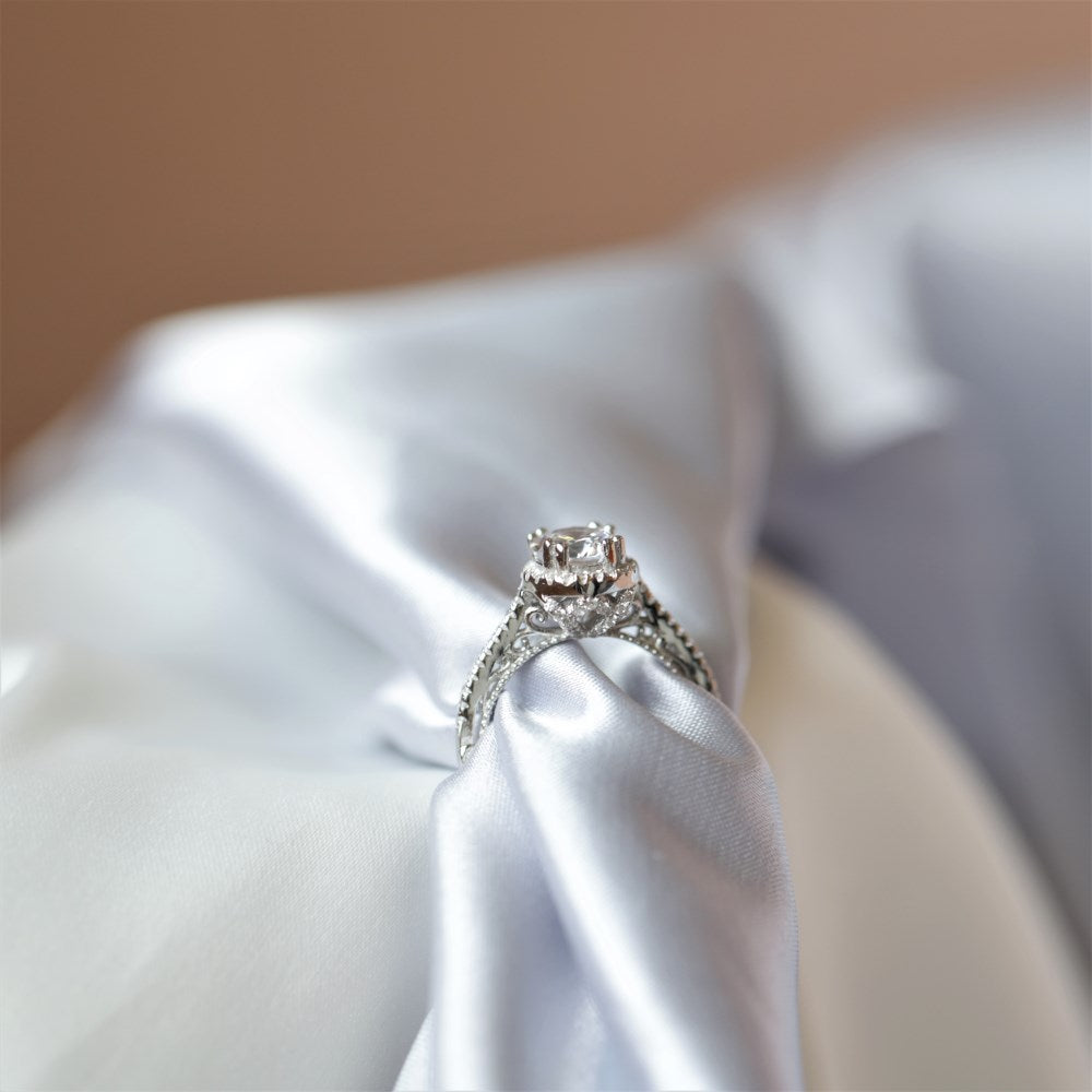 Silver Zircon Round Cut Inner Layered Halo Ring