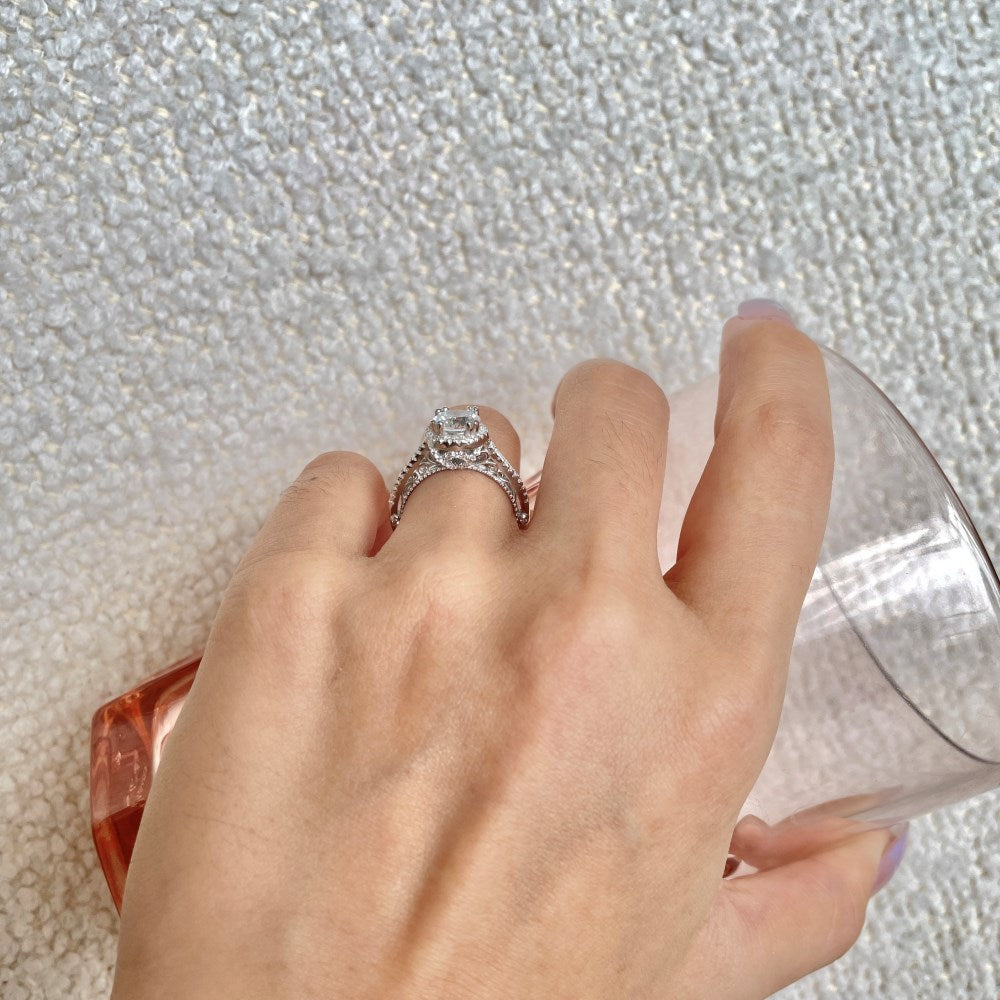 Silver Zircon Round Cut Inner Layered Halo Ring