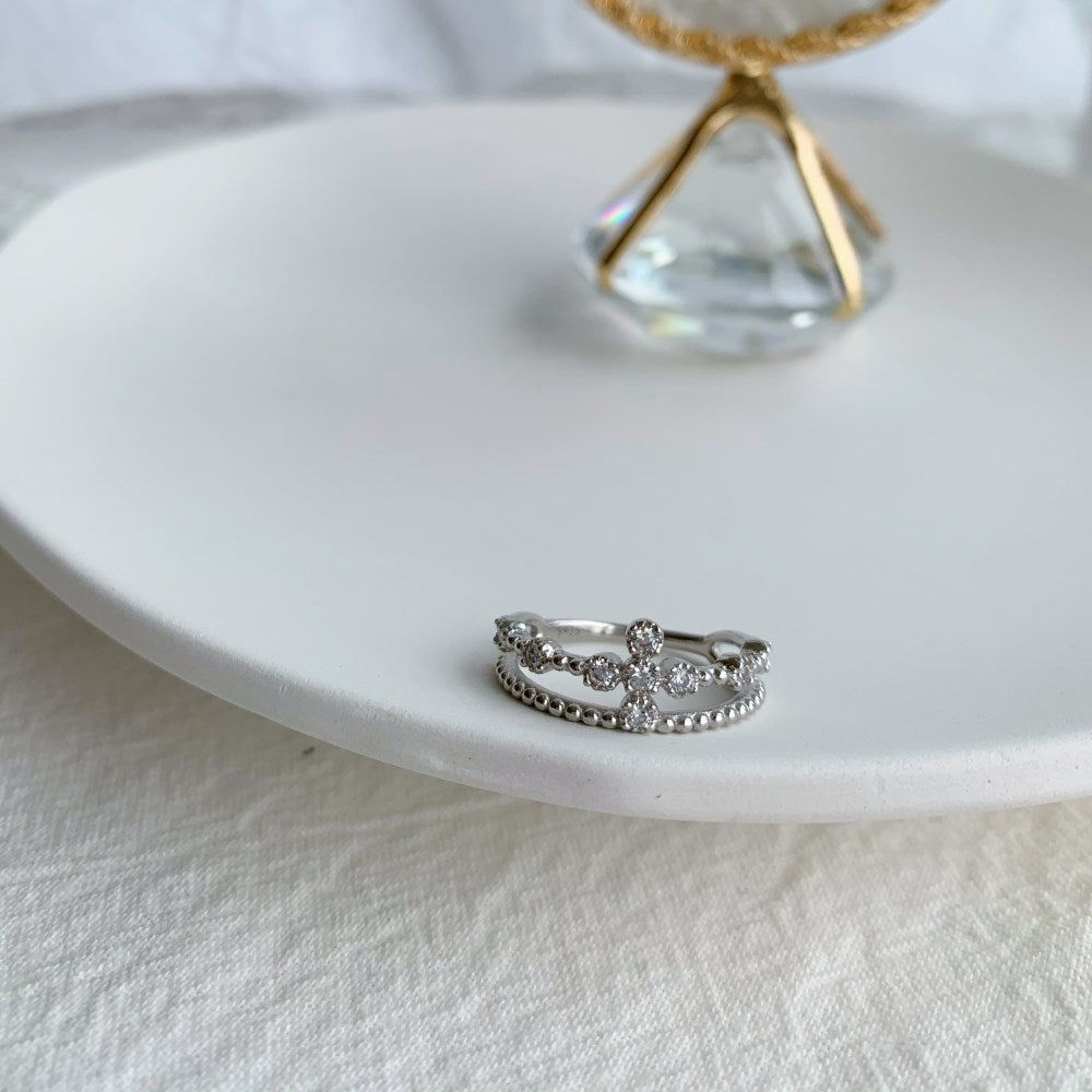Silver Zircon Round Cut Double Layer Crown Dainty Ring