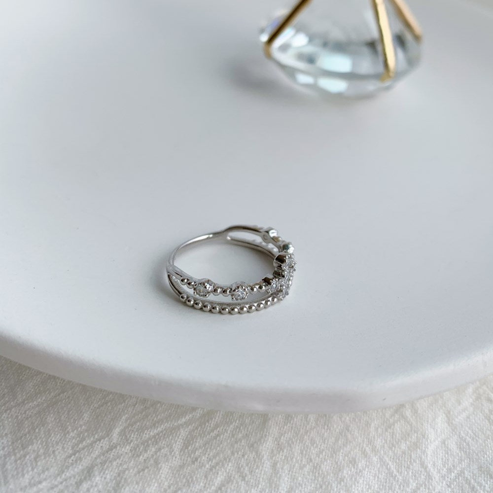 Silver Zircon Round Cut Double Layer Crown Dainty Ring