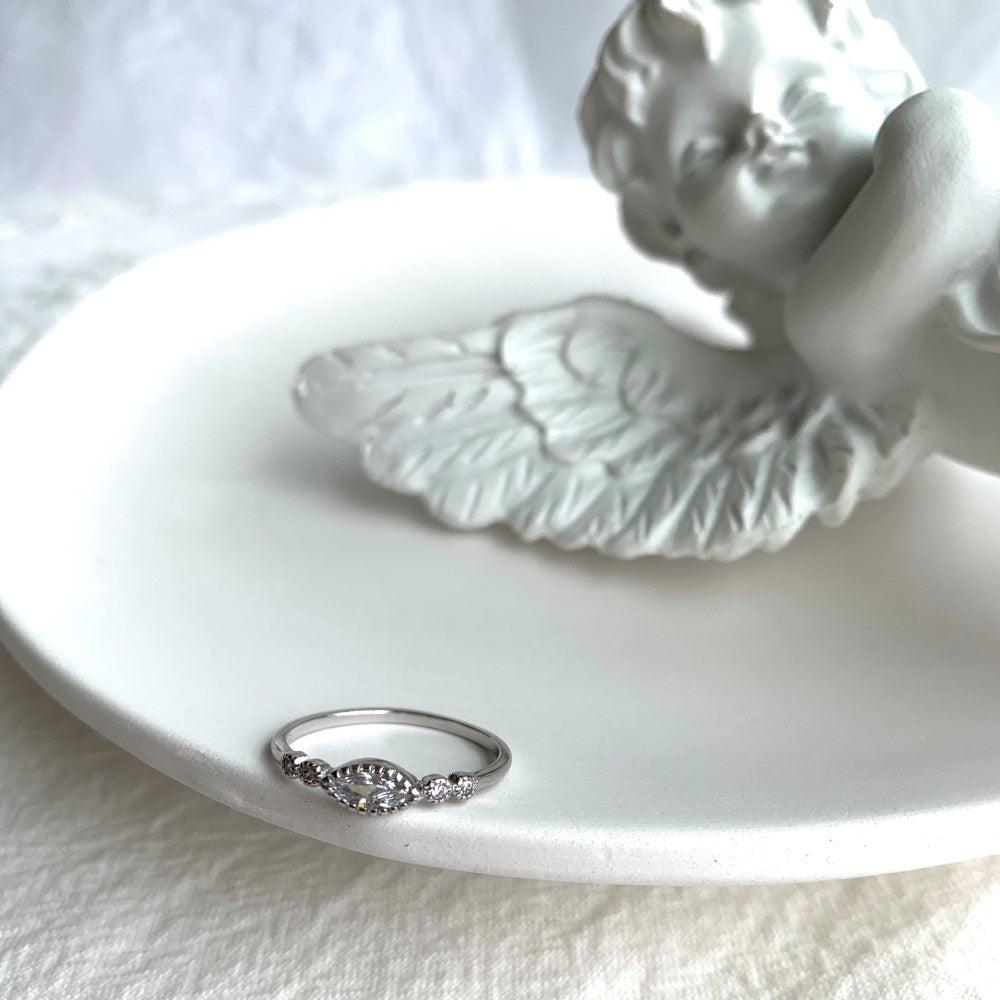 Silver Zircon Marquise Cut Curved Sided Dainty Ring