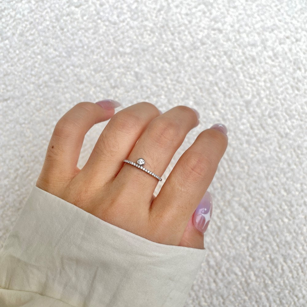 Silver Zircon Round Cut Inlaid Brushed Dots Dainty Ring