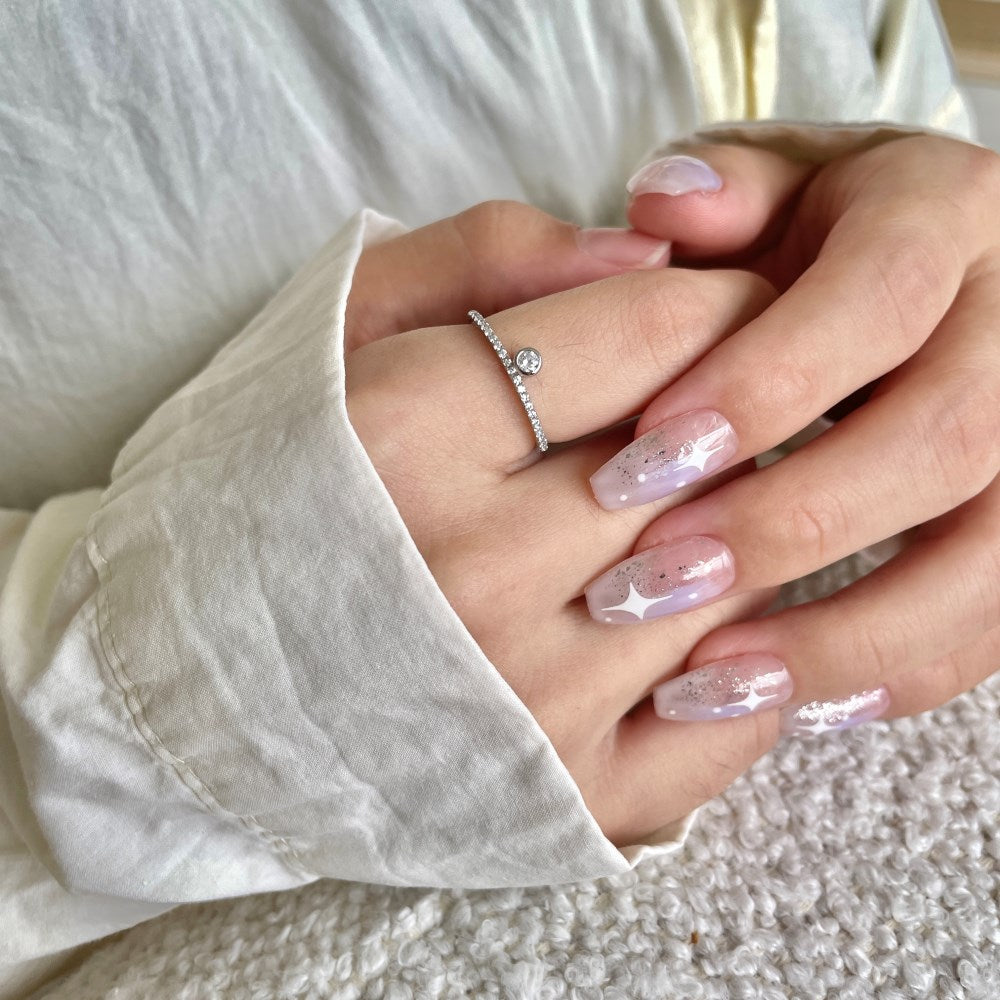 Silver Zircon Round Cut Inlaid Brushed Dots Dainty Ring