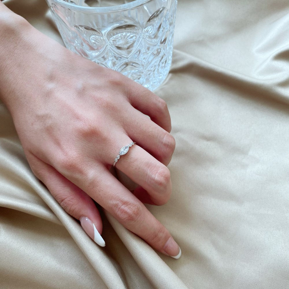 Silver Zircon Marquise Cut Curved Sided Dainty Ring