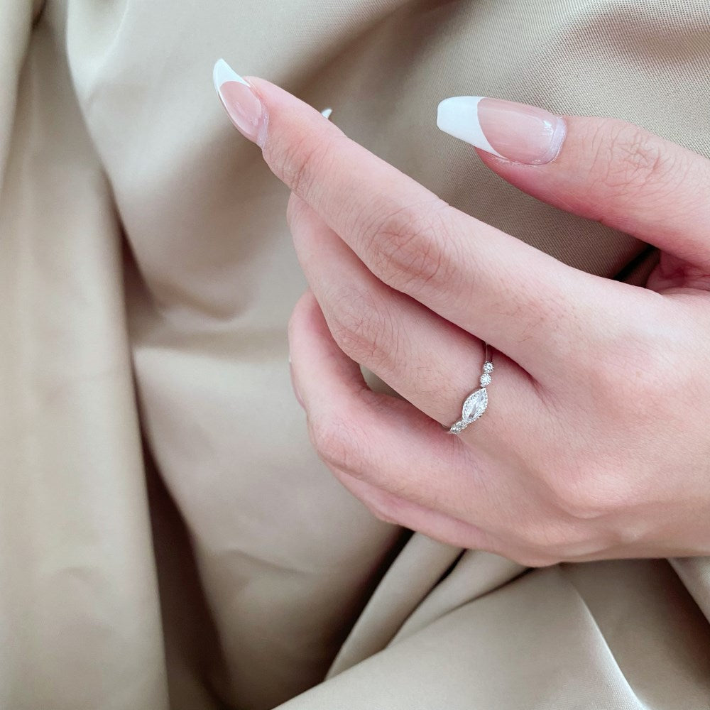 Silver Zircon Marquise Cut Curved Sided Dainty Ring