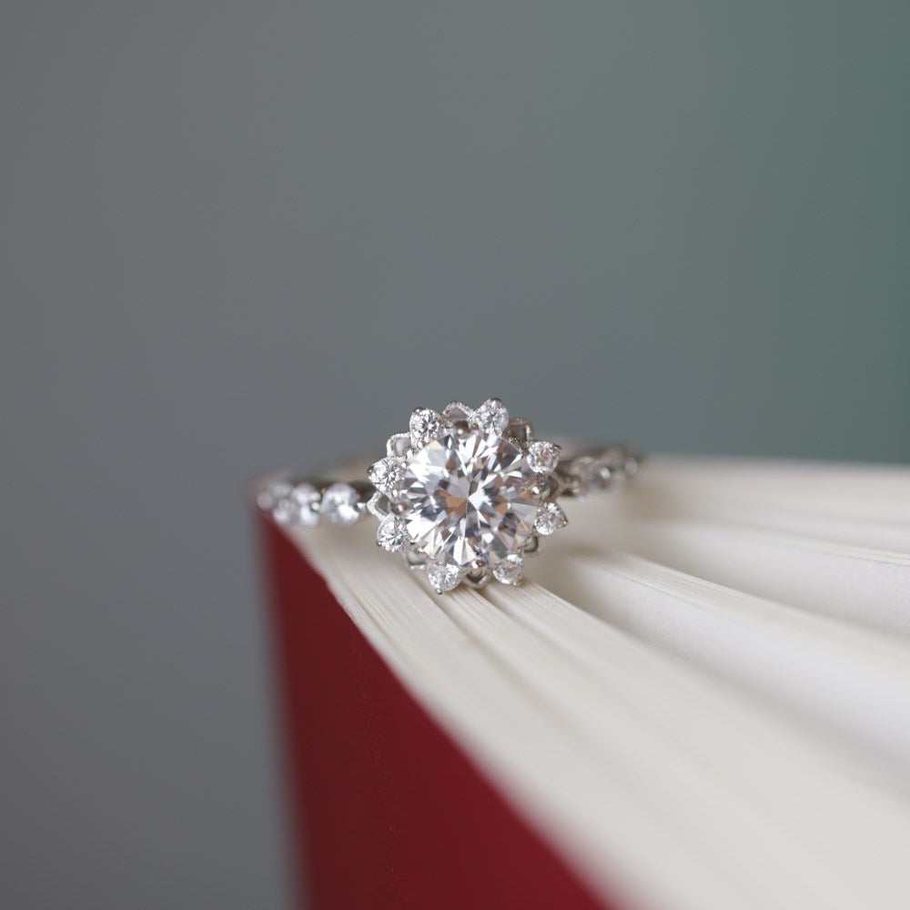 Silver Zircon Round Cut Iced Wrapped Flower Halo Ring