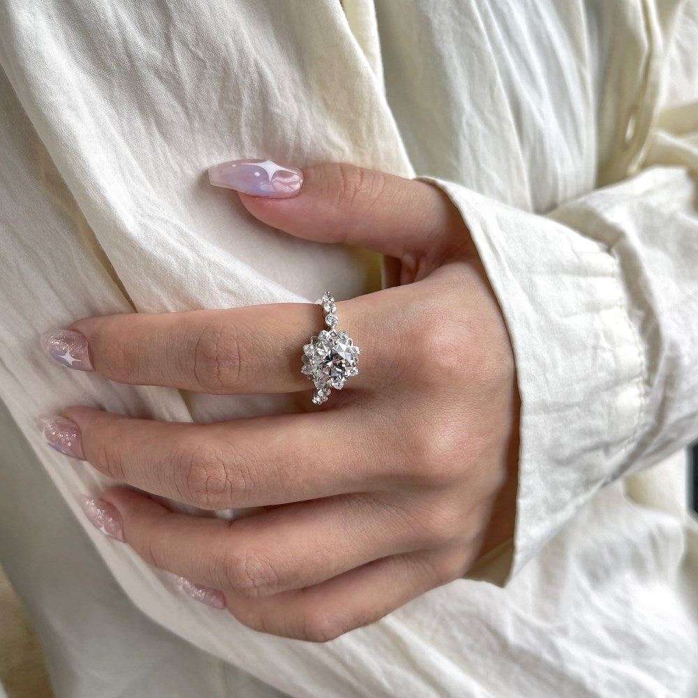 Silver Zircon Round Cut Iced Wrapped Flower Halo Ring
