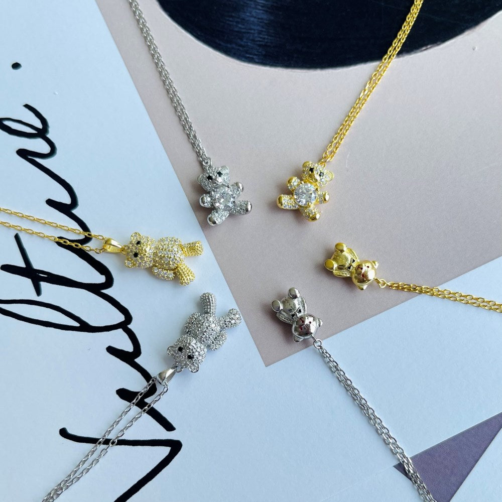 Silver Zircon Round Cut Bear Pendant Necklace