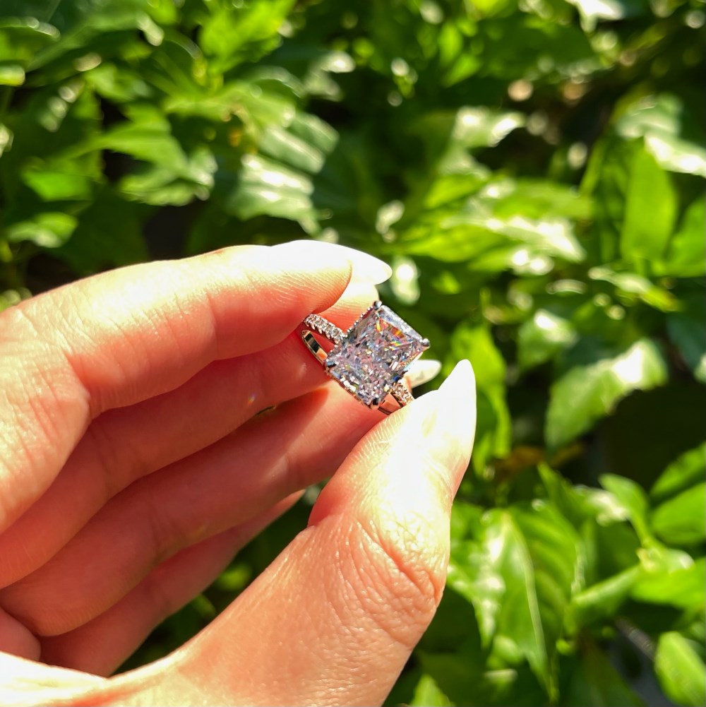 Silver Zircon Radiant Cut Iced Inlaid Solitaire Ring