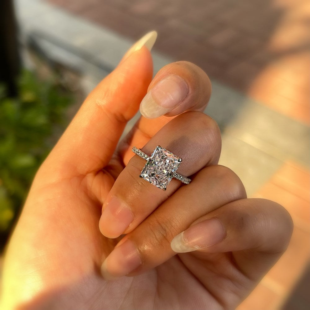 Silver Zircon Radiant Cut Iced Inlaid Solitaire Ring