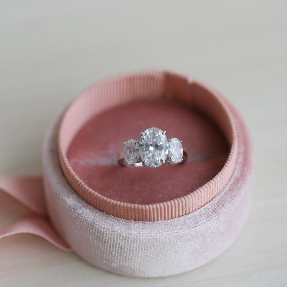 Silver Zircon Oval Cut Inlaid Trilogy Three Stone Ring