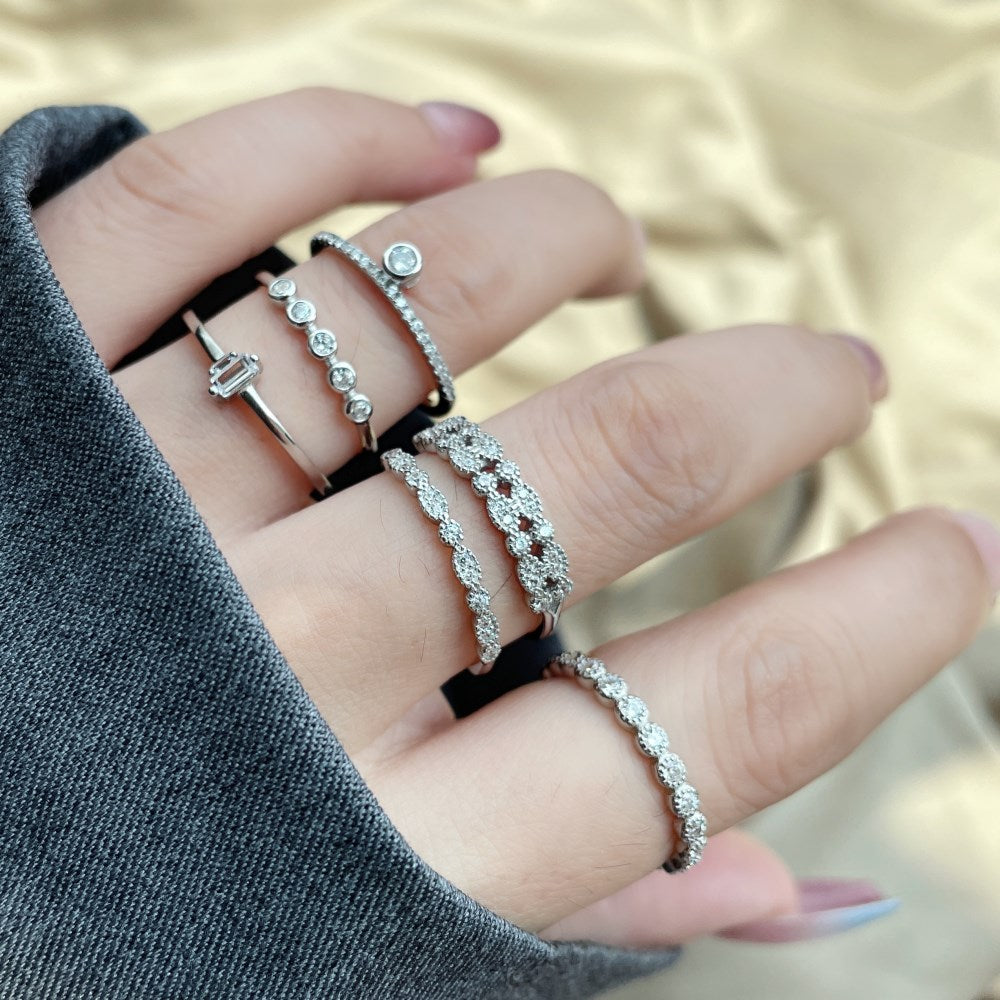 Silver Zircon Round Cut Brushed Inlaid Dots Dainty Ring