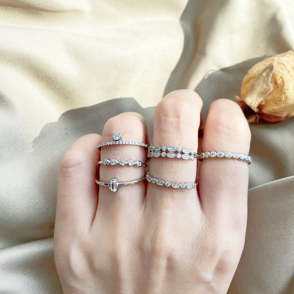 Silver Zircon Round Cut Inlaid Brushed Dots Dainty Ring