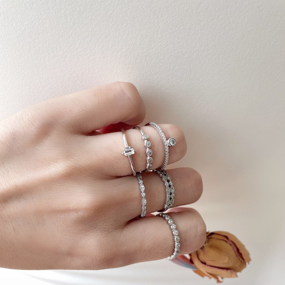 Silver Zircon Round Cut Brushed Inlaid Dots Dainty Ring