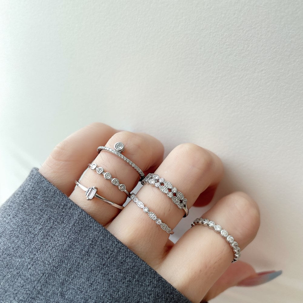 Silver Zircon Round Cut Brushed Inlaid Dots Dainty Ring