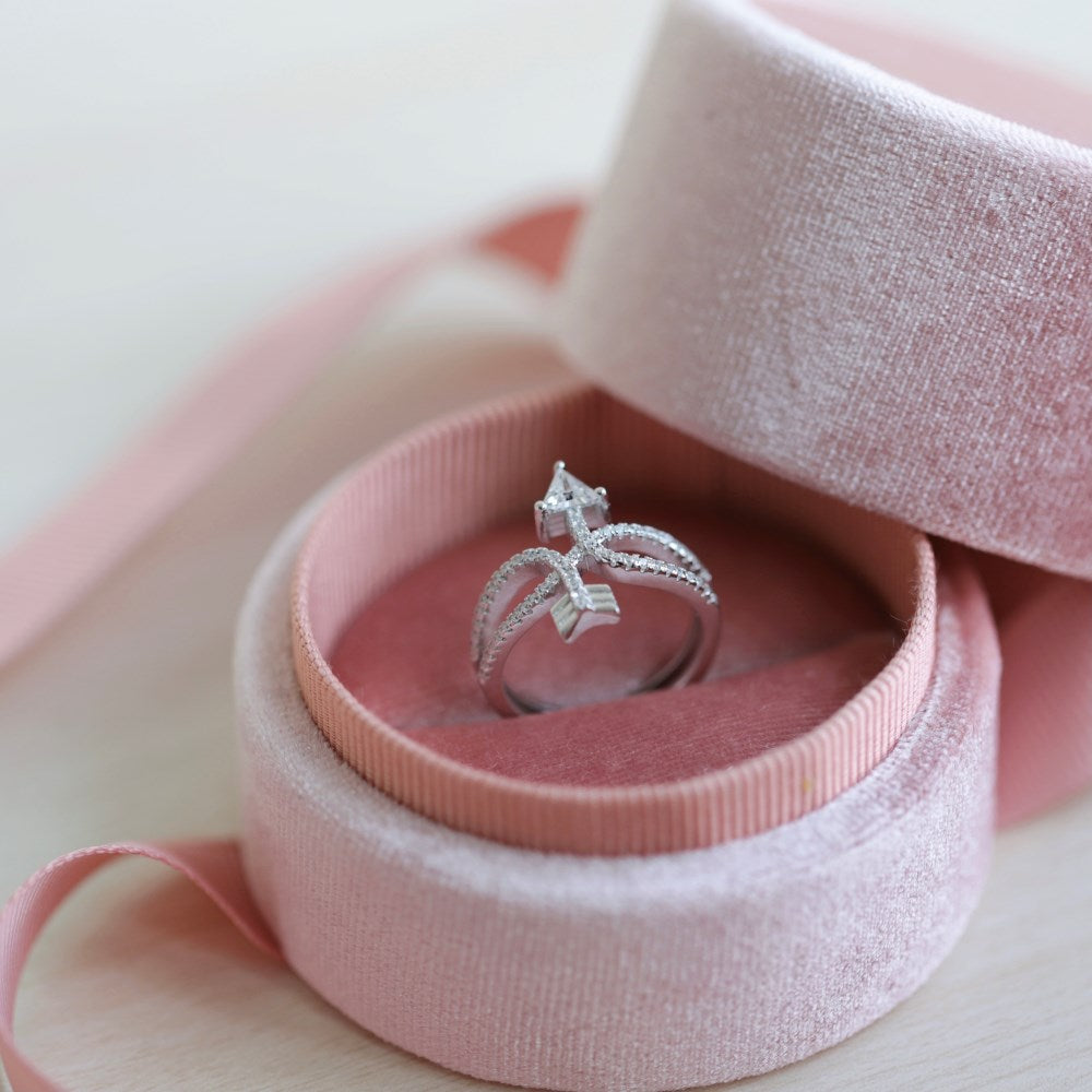 Silver Zircon Round Cut Open Double Layer Arrow Crossover Ring