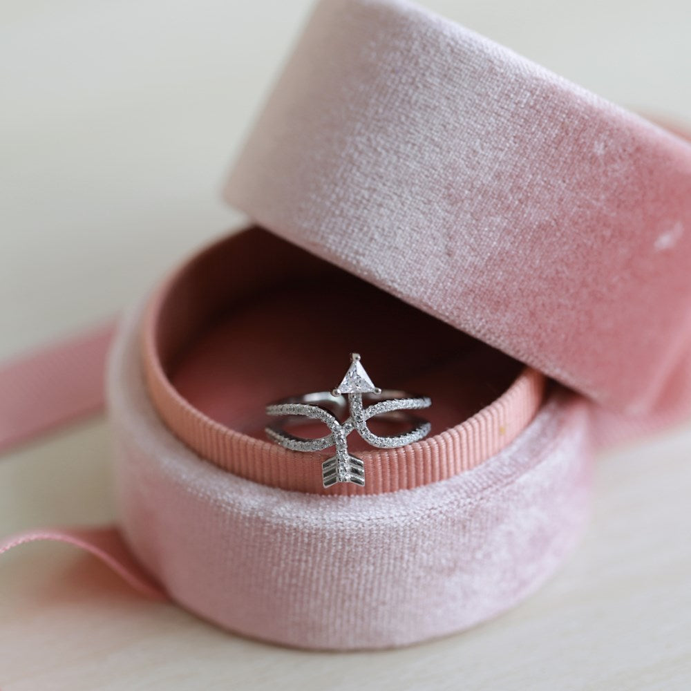 Silver Zircon Round Cut Open Double Layer Arrow Crossover Ring