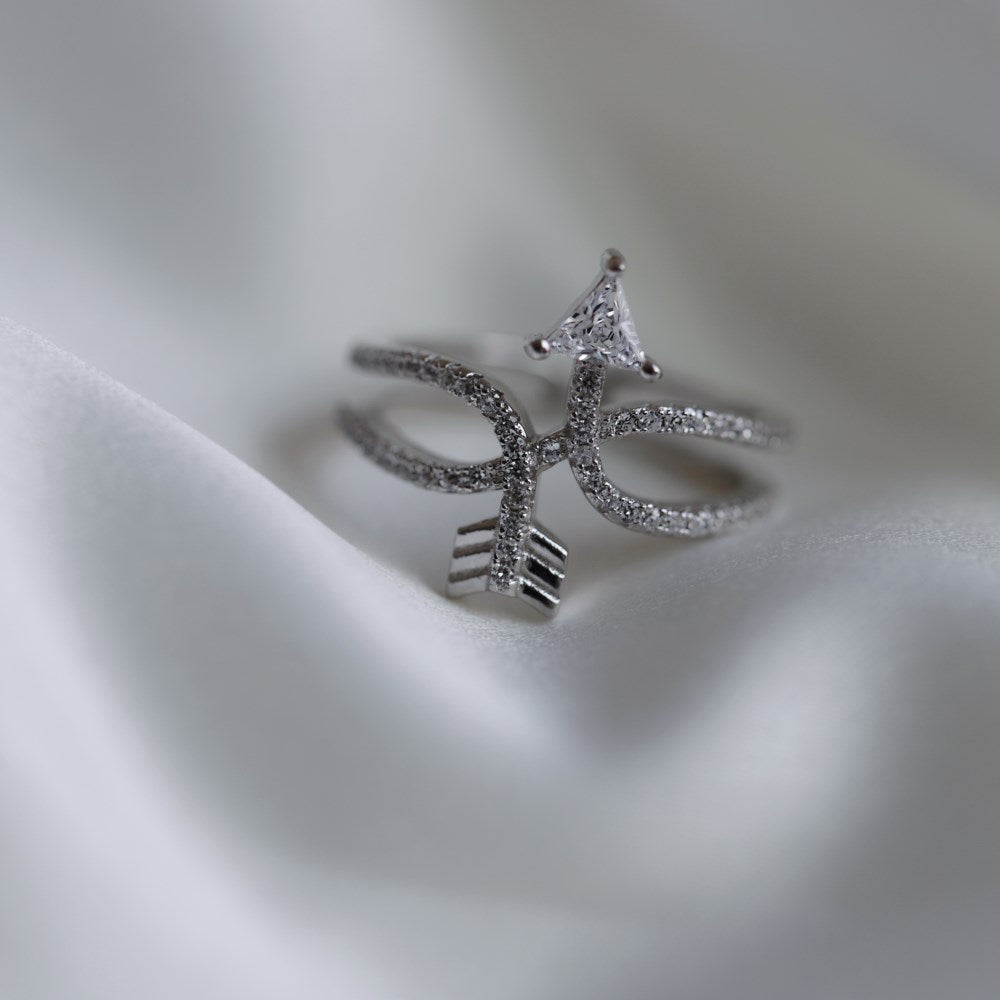 Silver Zircon Round Cut Open Double Layer Arrow Crossover Ring