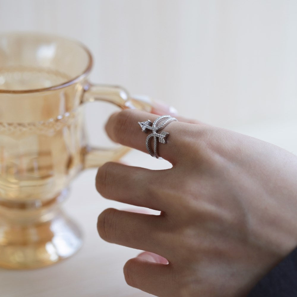 Silver Zircon Round Cut Open Double Layer Arrow Crossover Ring