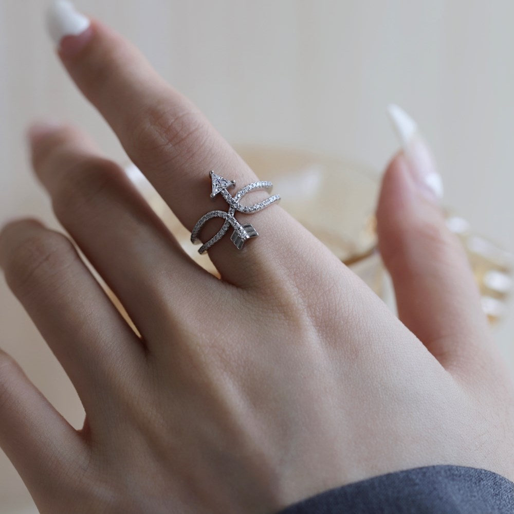 Silver Zircon Round Cut Open Double Layer Arrow Crossover Ring