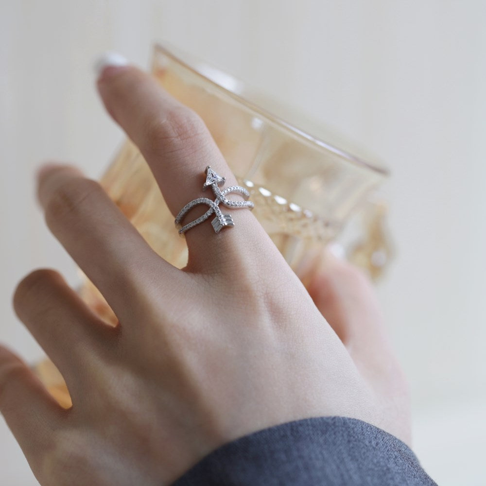 Silver Zircon Round Cut Open Double Layer Arrow Crossover Ring