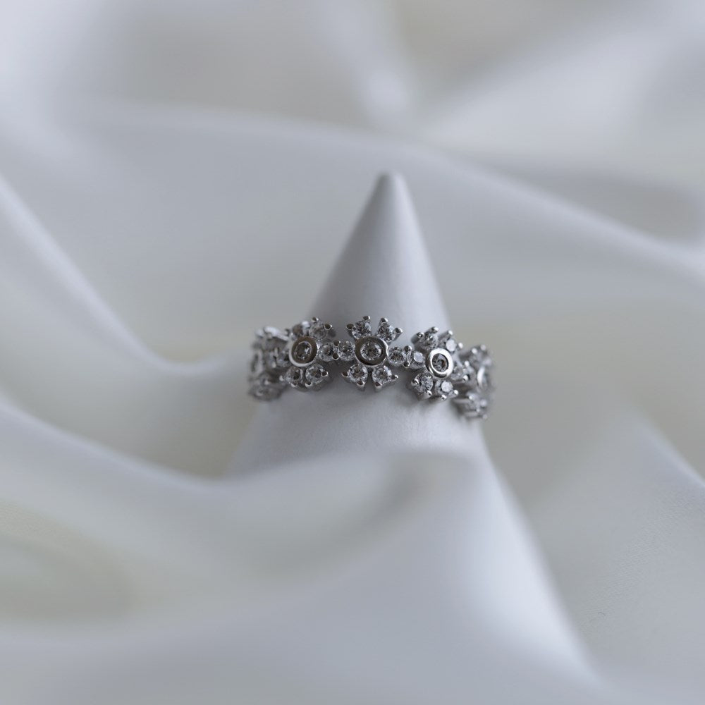 Silver Zircon Round Cut Multi Inlaid Flower Eternity Ring