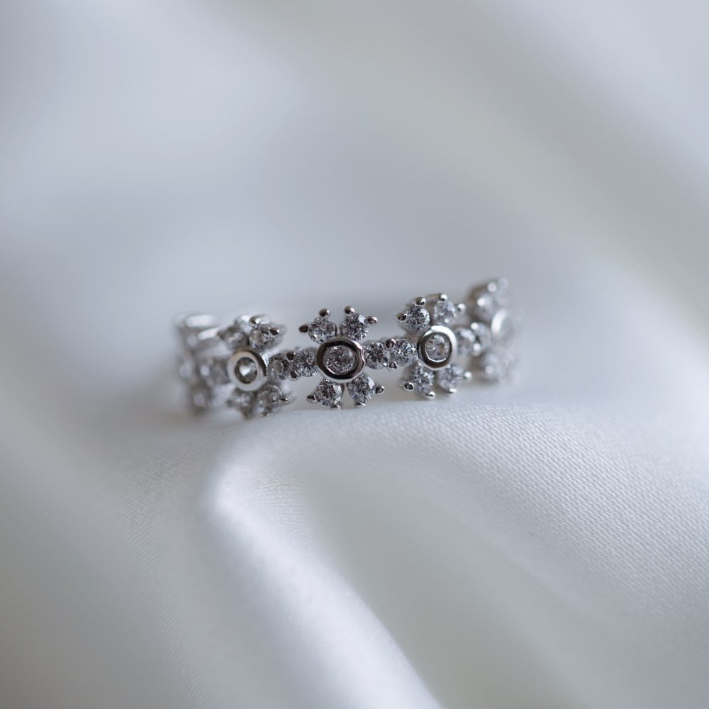 Silver Zircon Round Cut Multi Inlaid Flower Eternity Ring