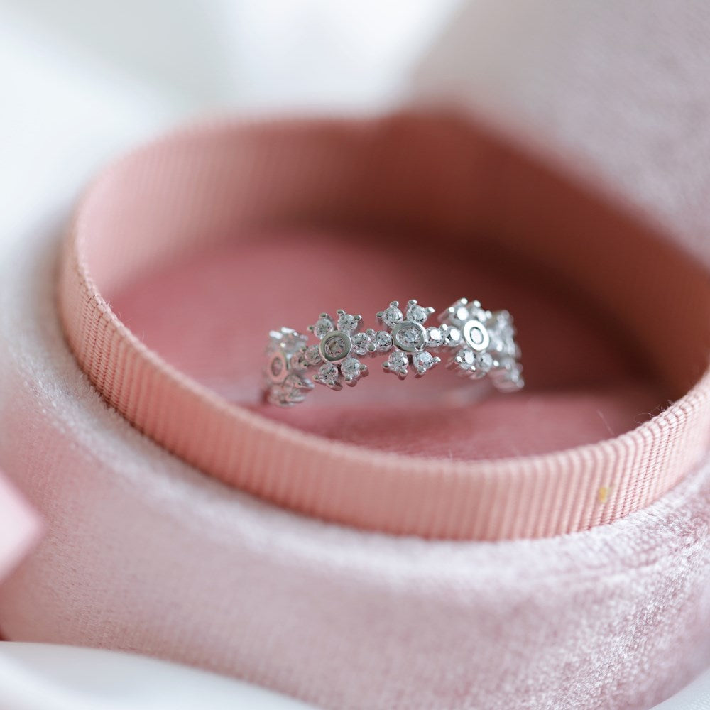 Silver Zircon Round Cut Multi Inlaid Flower Eternity Ring