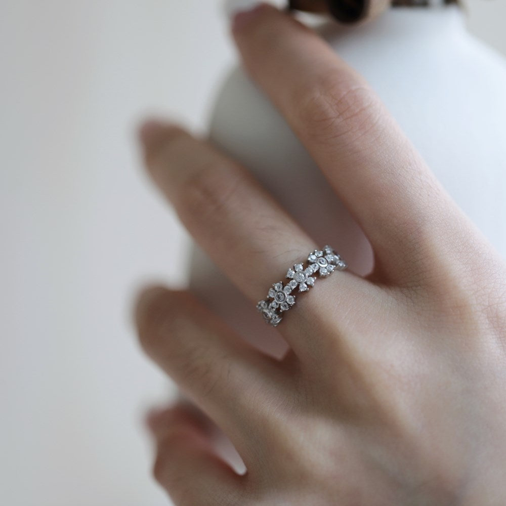 Silver Zircon Round Cut Multi Inlaid Flower Eternity Ring